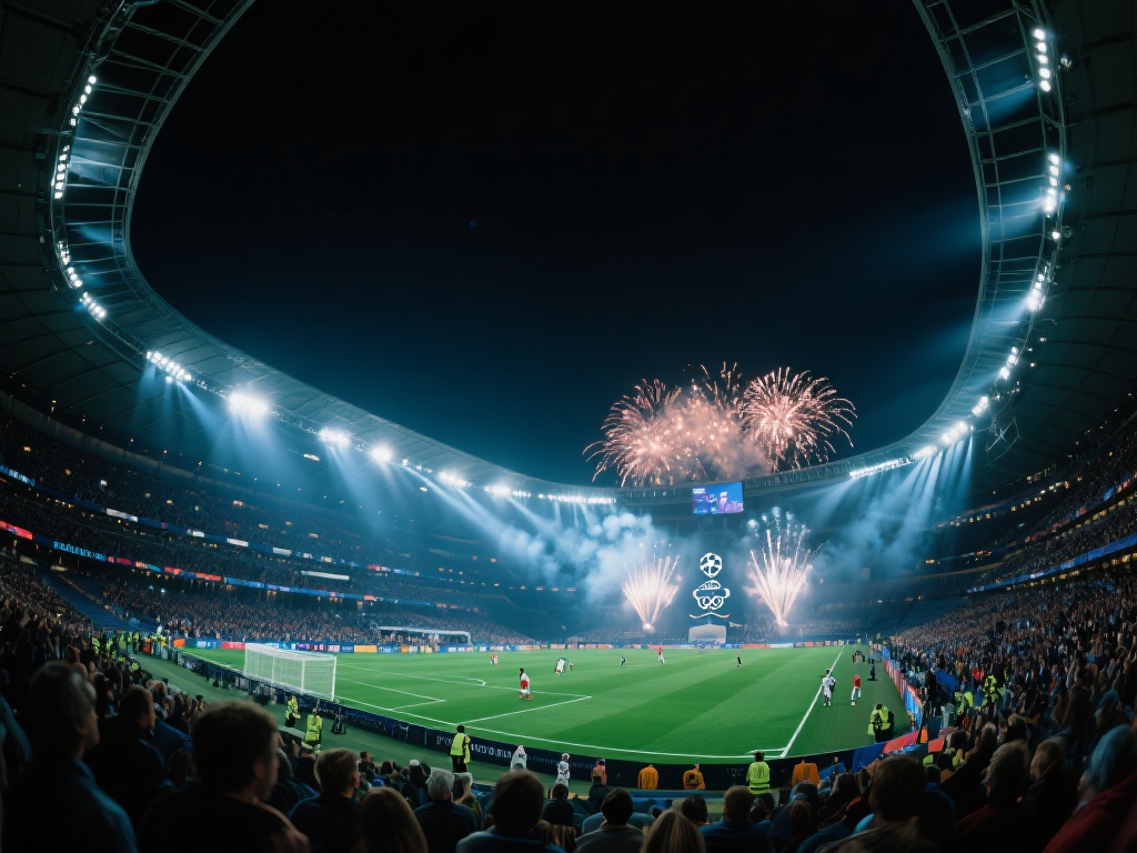 夜晚的体育场在灯光的映衬下，仿佛一座不夜城。现代化